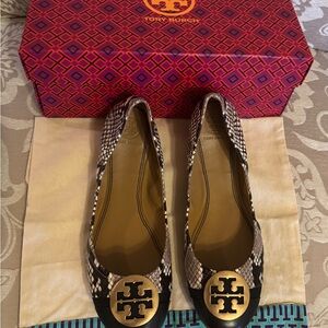 Tory Burch Black and White Snakeskin Flats with Gold Logo